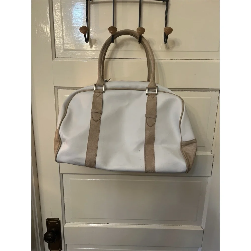 Estee Lauder Tote Bag Purse PVC Vinyl Cream Brown Suede Handles Vegan Leather